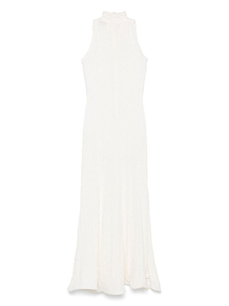 Msgm White Maxi Dress With High Neckline And Fitted Bodice In White