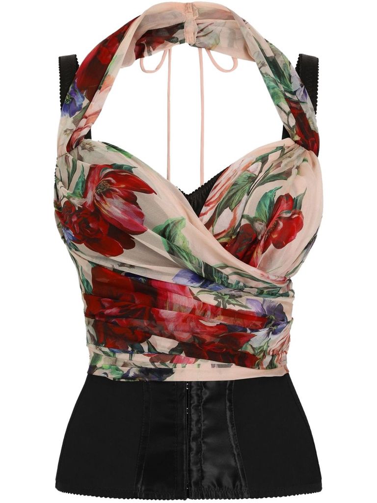 Dolce & Gabbana Rose Red Top With Halterneck Tie Fastening In Multicolour
