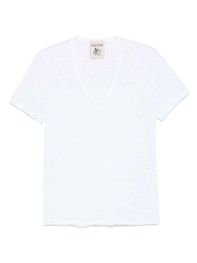 Shop Semicouture White Linen Short Sleeves T-shirt