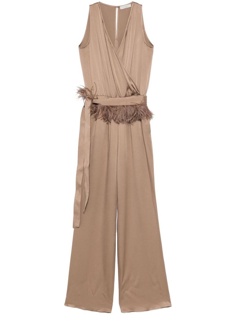 Antonelli Wrap Design Jumpsuit With Feather Details In Brown