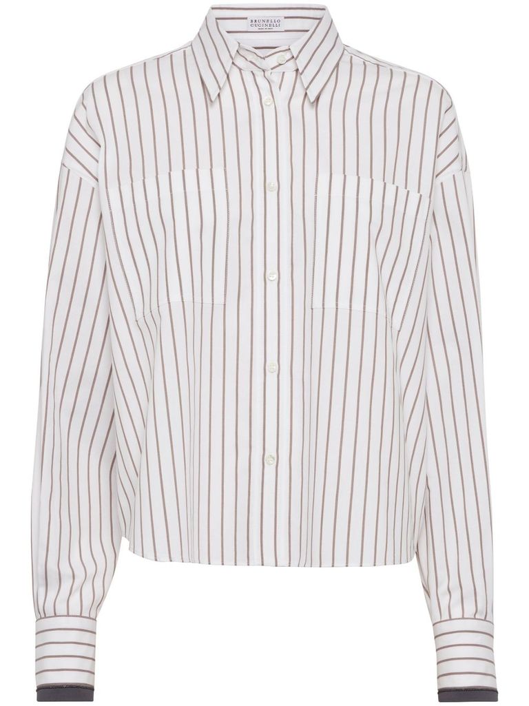 Shop Brunello Cucinelli Flared Shirt With White And Brown Stripes