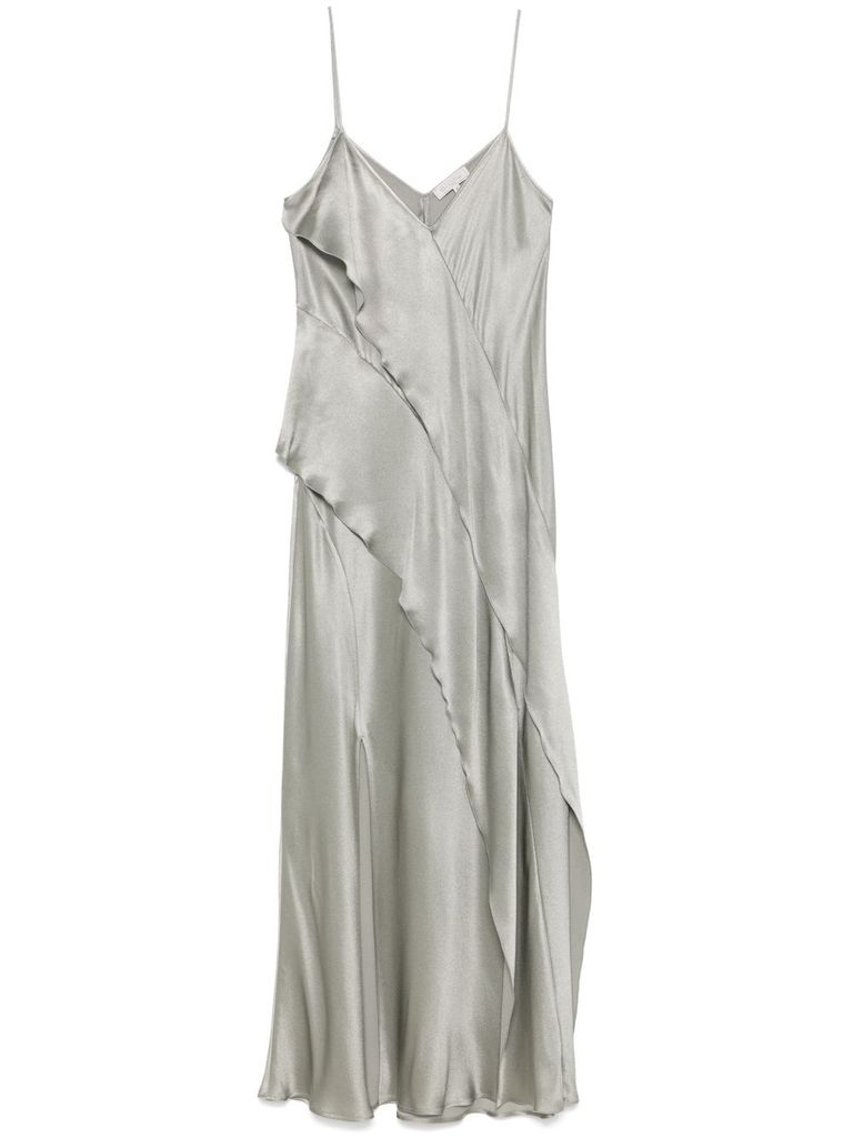 Antonelli Luisiana Green Dress With Spaghetti Straps And Front Ruffle In Satin Woman In Grey