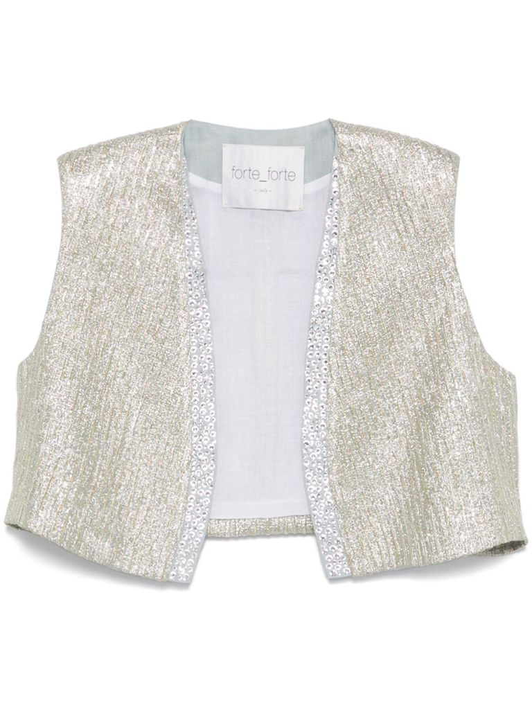 Forte Forte Cropped Knit Vest With Textured Surface And Sequin Trim In Gold