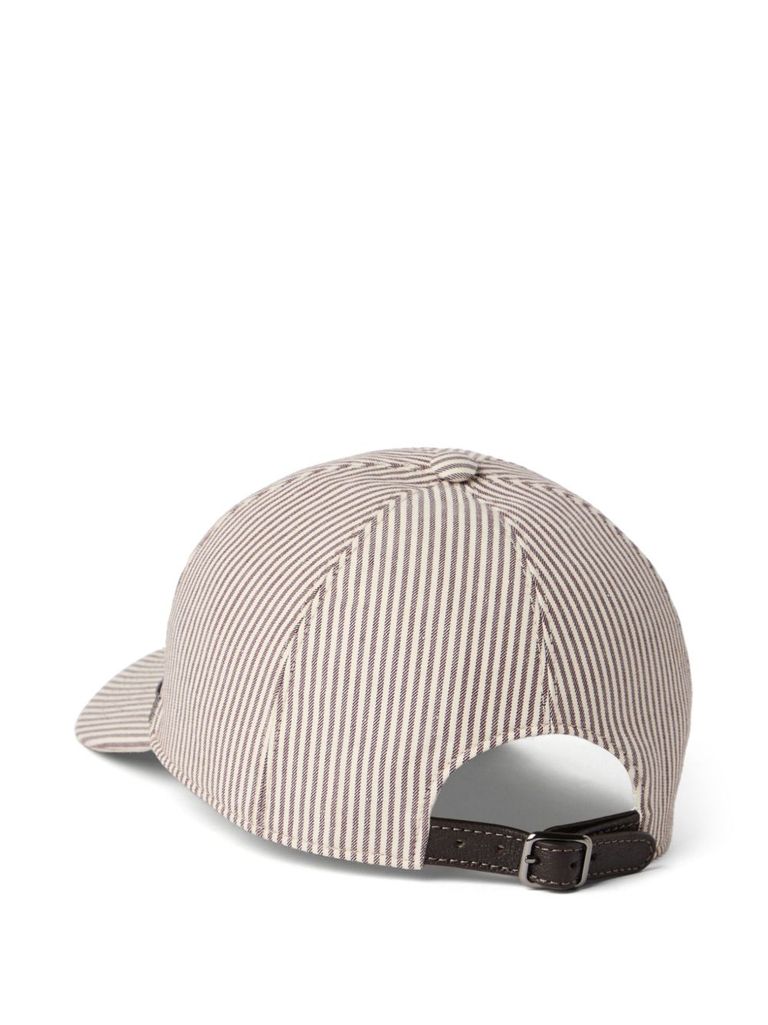 BRUNELLO CUCINELLI BASEBALL HAT IN COTTON AND LINEN WITH WHITE AND BROWN STRIPES
