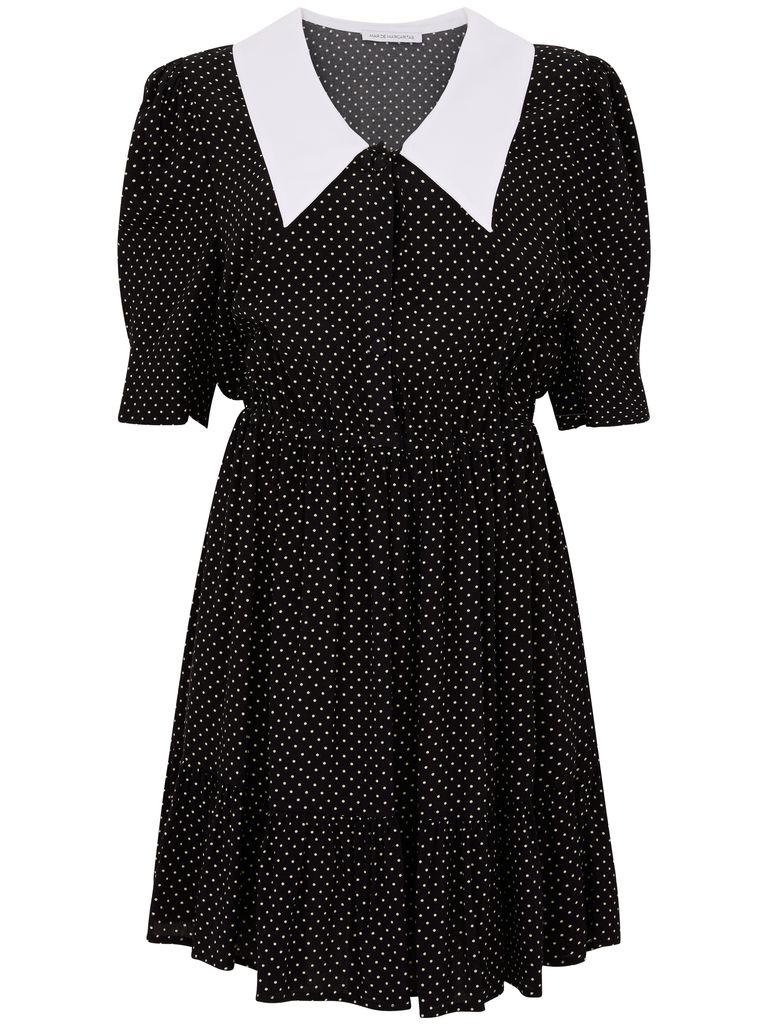 Mar De Margaritas Black Short Dress With White Polka Dots In Black