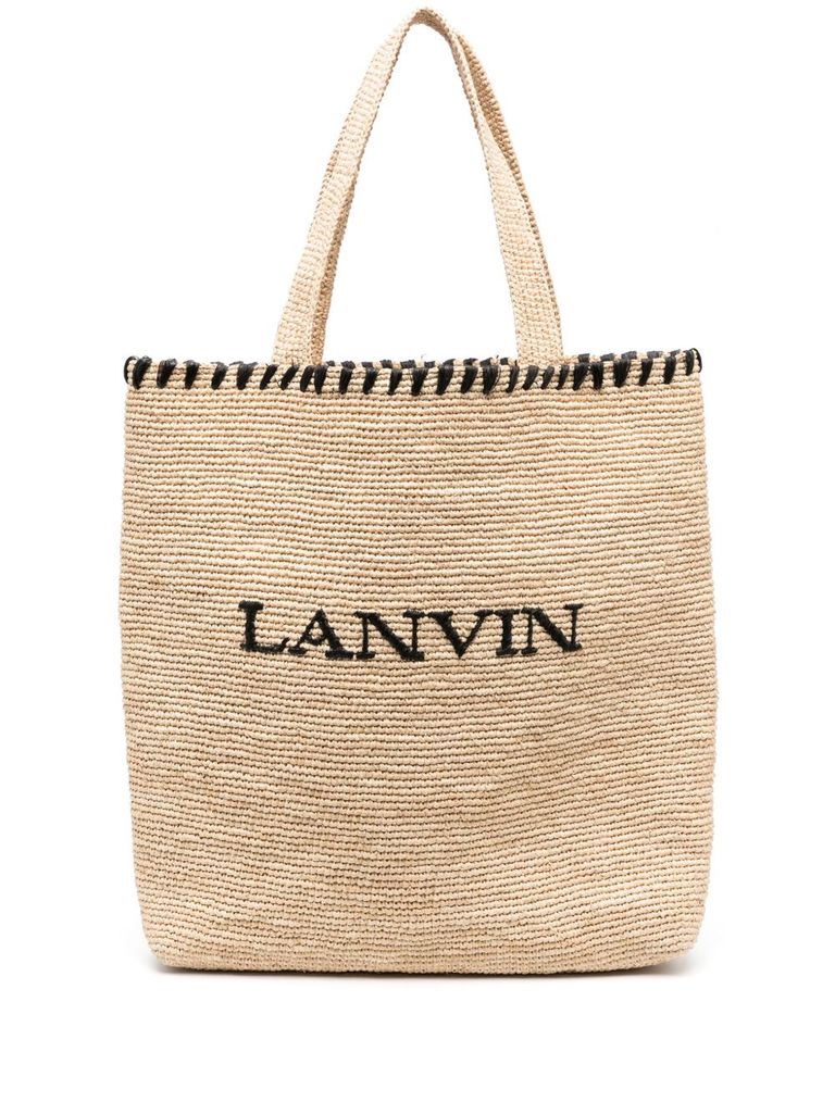 Shop Lanvin Raffia Embroidered Logo Shopping Bag In Beige