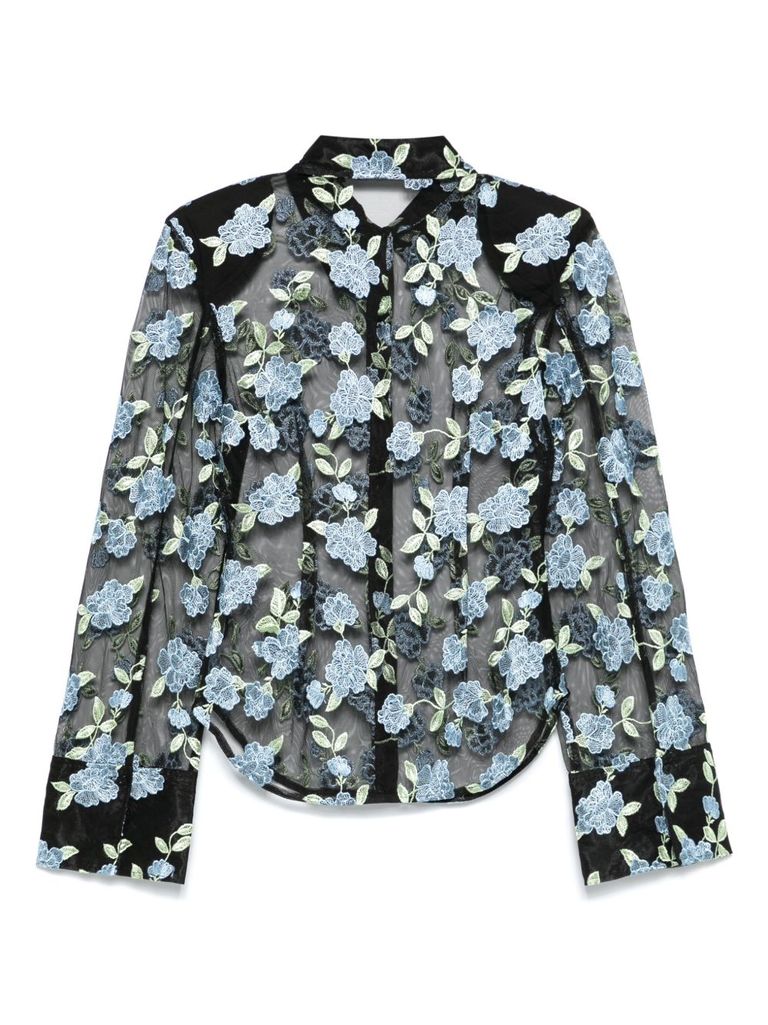 Rotate Birger Christensen Rotate Sheer Black Shirt With Intricate Floral Embroidery In Black