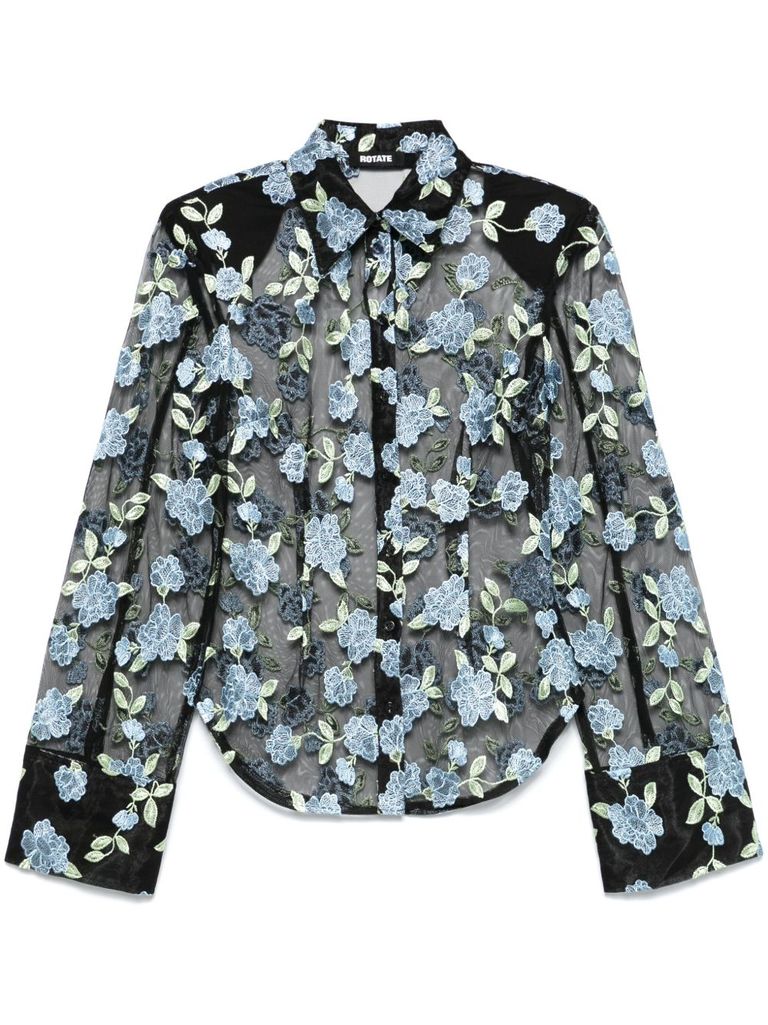 Rotate Birger Christensen Rotate Sheer Black Shirt With Intricate Floral Embroidery In Black