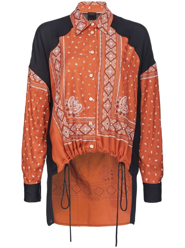 Pinko Contrasting Sleeve Orange Top With Intricate White Patterns In Brown