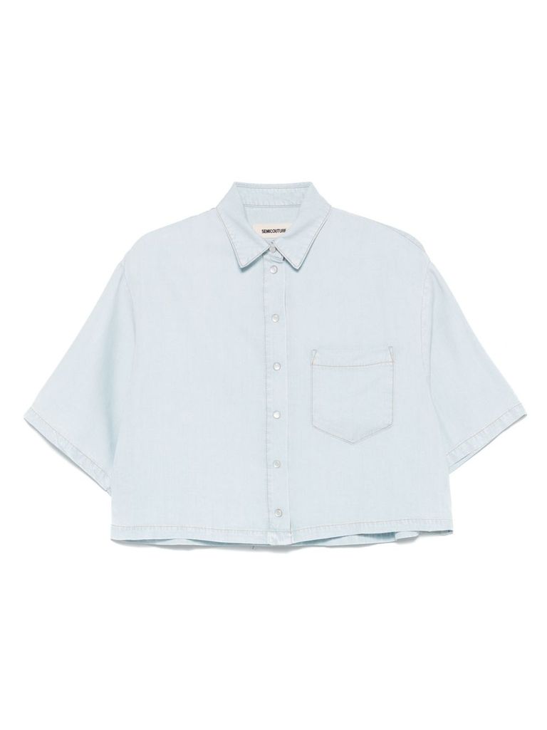 Shop Semicouture Light Blue 'damania' Crop Shirt With Pocket