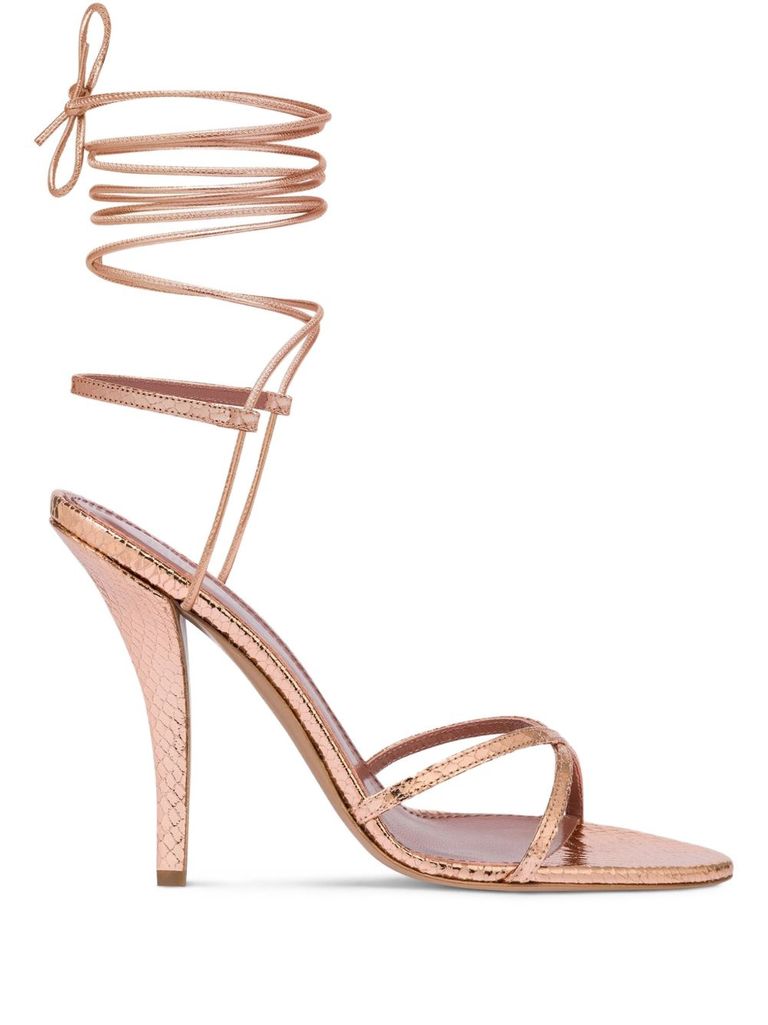 Paris Texas Lace-up Sandals In Rose Gold Metallic Python-print Leather In Gold
