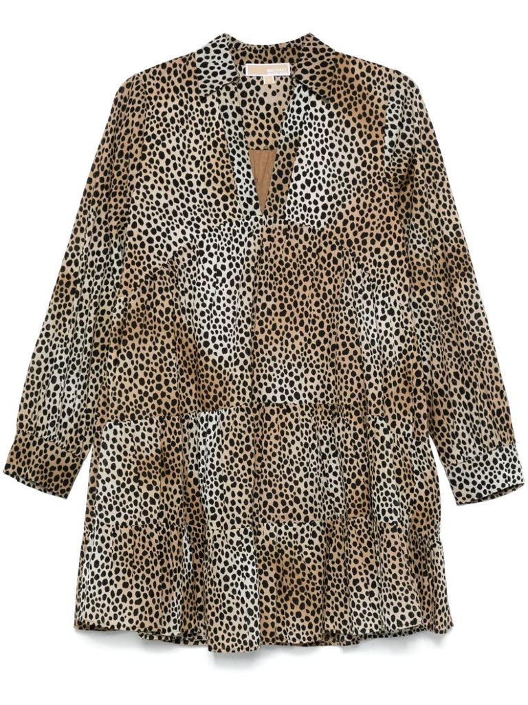Michael Kors Abito Corto Chemisier In Cotone Animalier In Marrone
