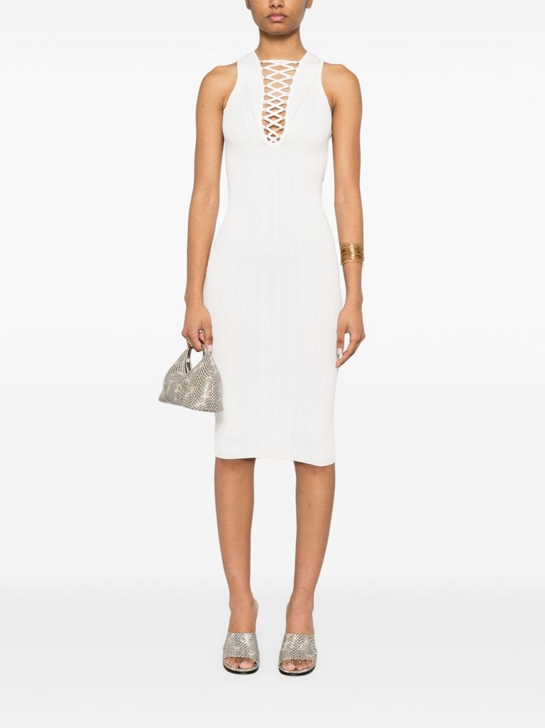 Elisabetta Franchi Abito Midi Bianco Con Dettaglio Incrociato Sul Petto In Beige