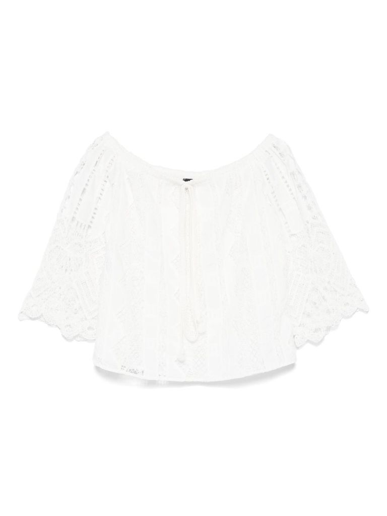Pinko Off-the-shoulder Lace Detail Blouse With Tie Closure In White