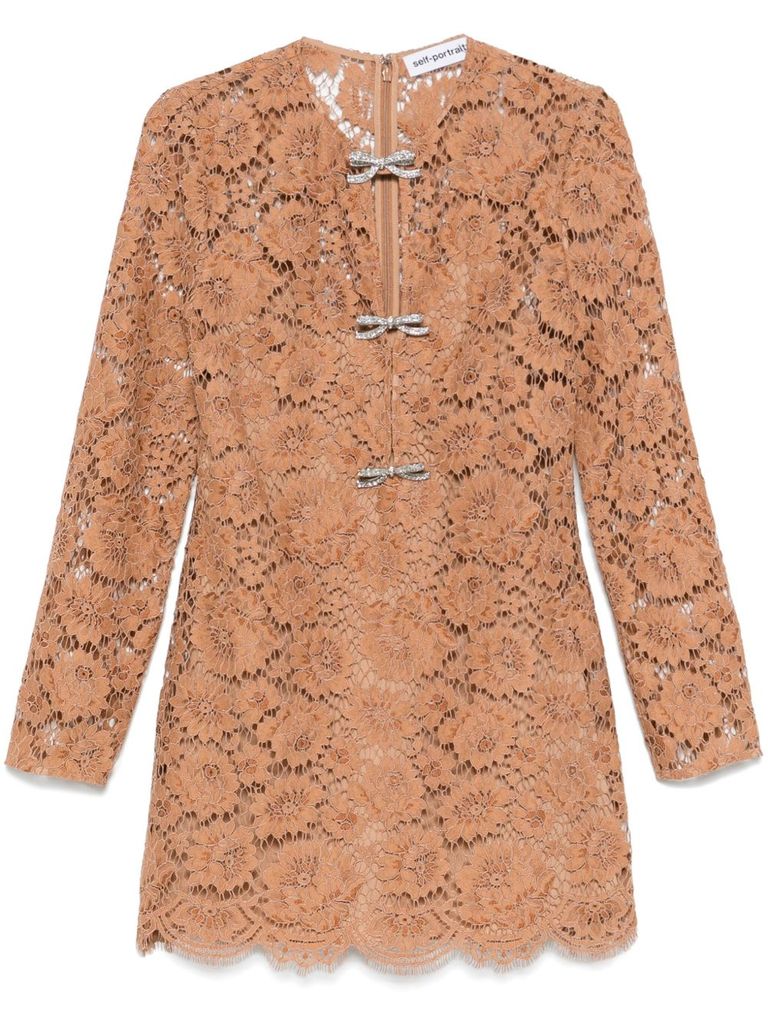 Shop Self-portrait Camel Brown Lace Mini Dress In Beige