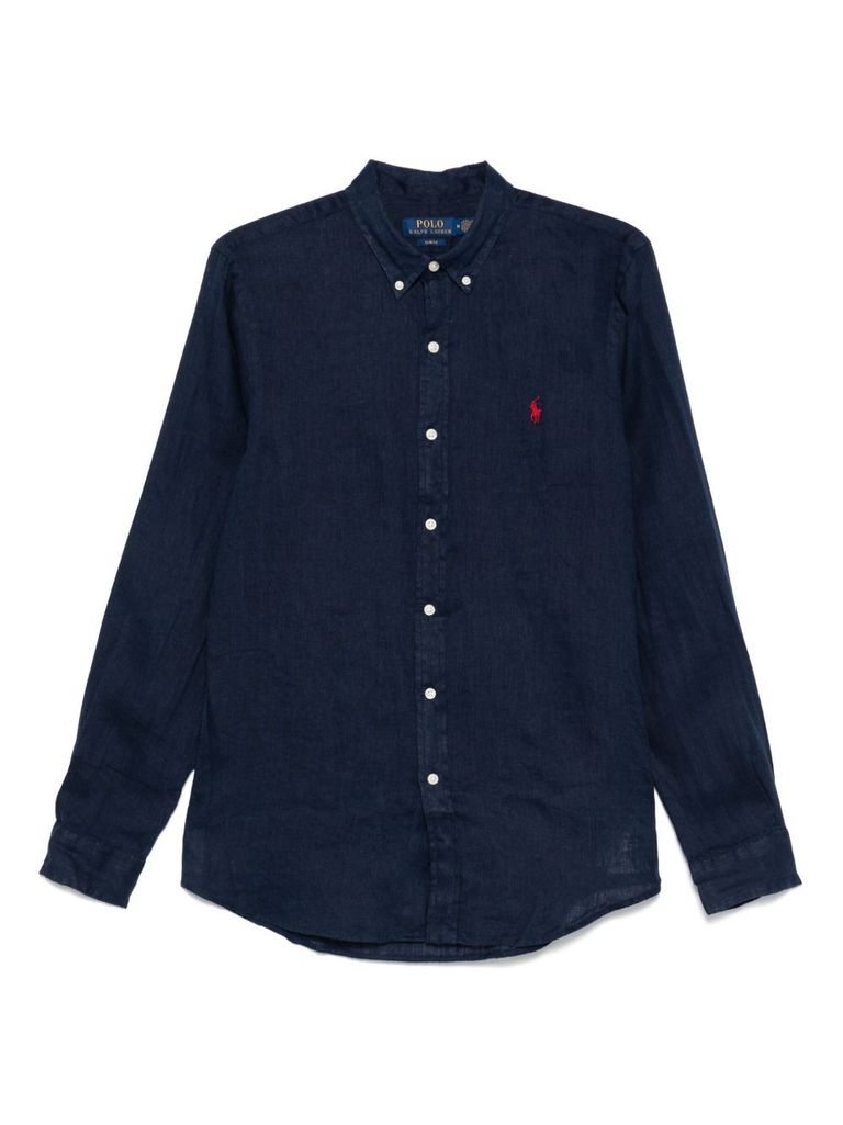 Shop Polo Ralph Lauren Navy Blue Cotton Shirt With Embroidered Logo