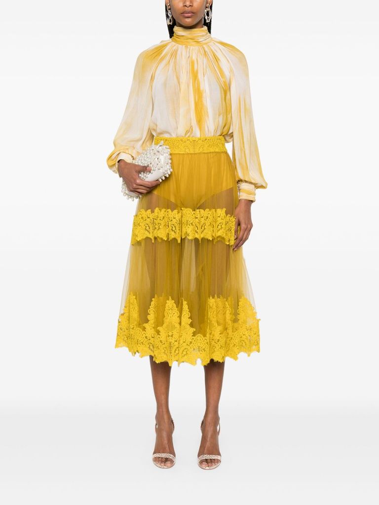 Ochre yellow midi skirt with lace panels