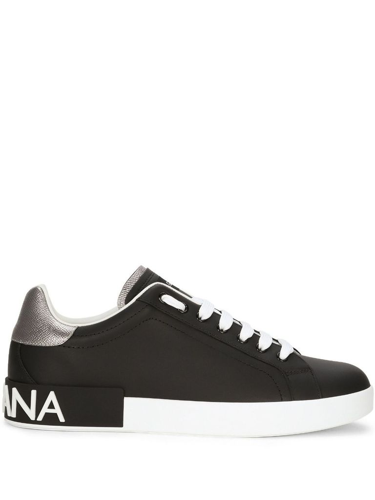 Dolce & Gabbana Portofino Sneakers In Black Leather With Silver Inserts In Black