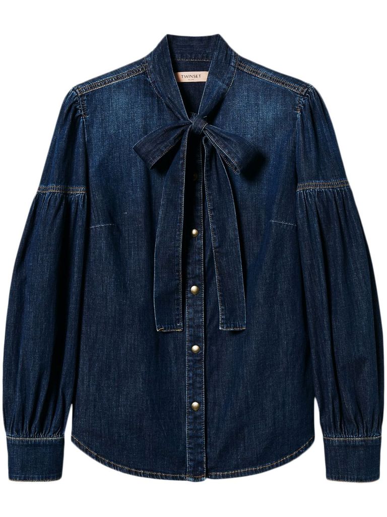 Shop Twinset Blue Cotton Shirt With Bow