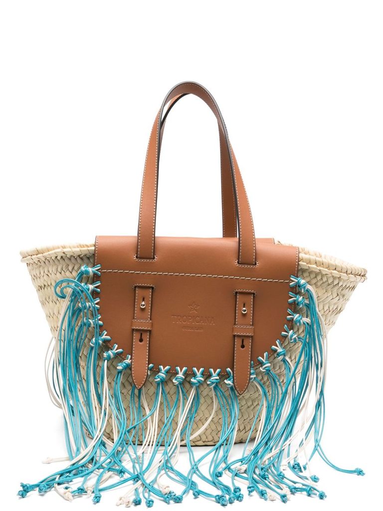 Cuba Lab Structured Brown Handbag With Woven Straw In Brown