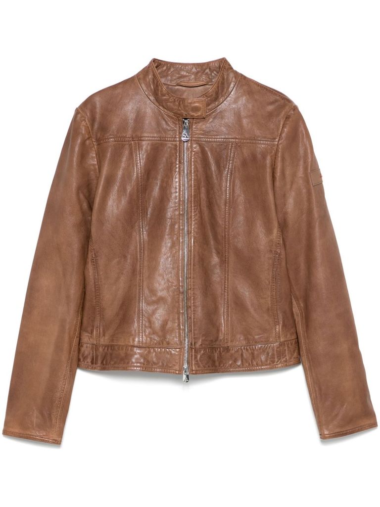 Peuterey Brown Leather Jacket With High Collar In Brown