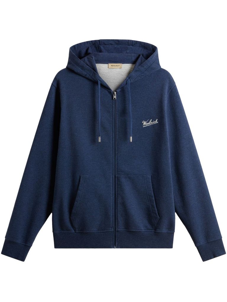 Woolrich Cotton Zip-up Hoodie With Adjustable Drawstring And Front Pockets In Blue