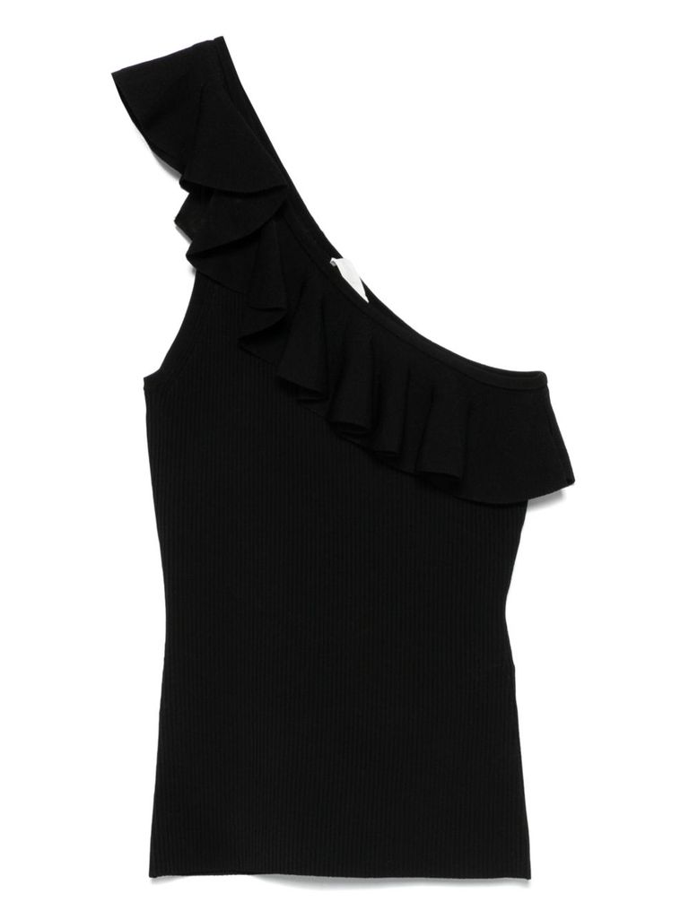 Zimmermann One-shoulder Ruffle Top With Ribbed Texture In Black