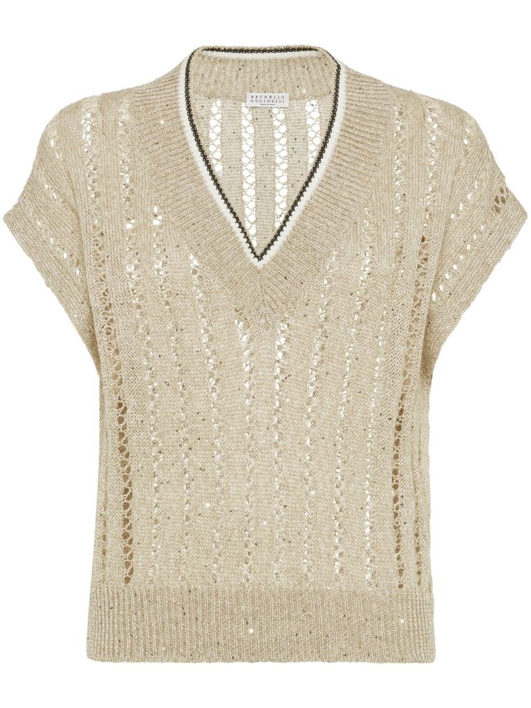 Brunello Cucinelli Beige Linen Blend Openwork V-neck Sweater
