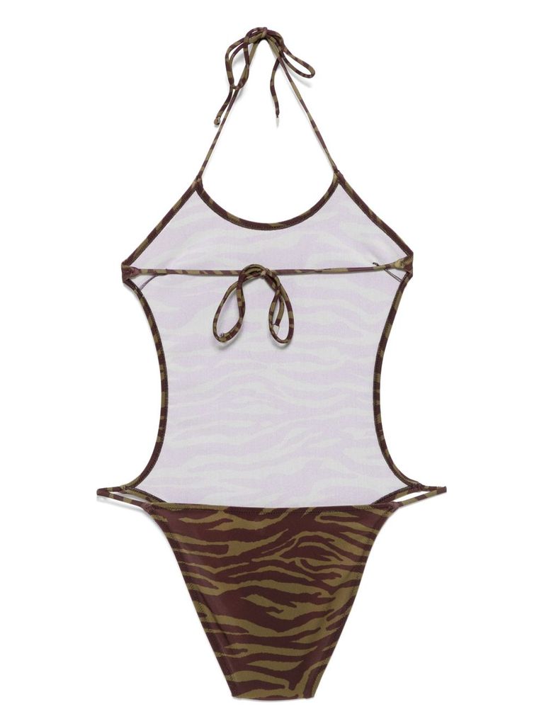 Attico Green Swimsuit With Halterneck With Tie And All-over Print In Tech Fabric Stretch Woman