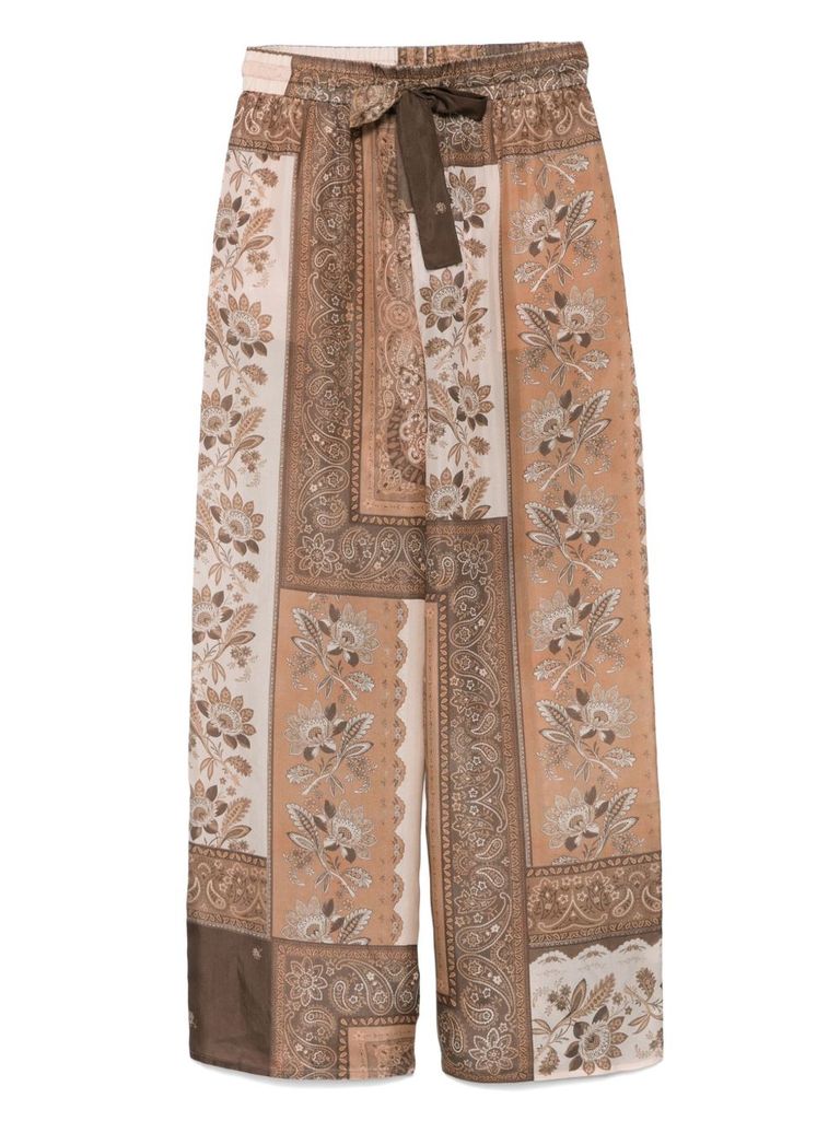 Zimmermann Lucky Brown Pants With Elastic Drawstring Waist And All-over Floral Print In Silk Woman