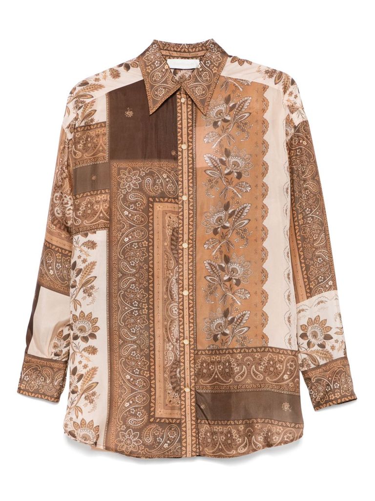 Zimmermann Lucky Brown Shirt With Classic Collar And All-over Floral Print In Silk Woman