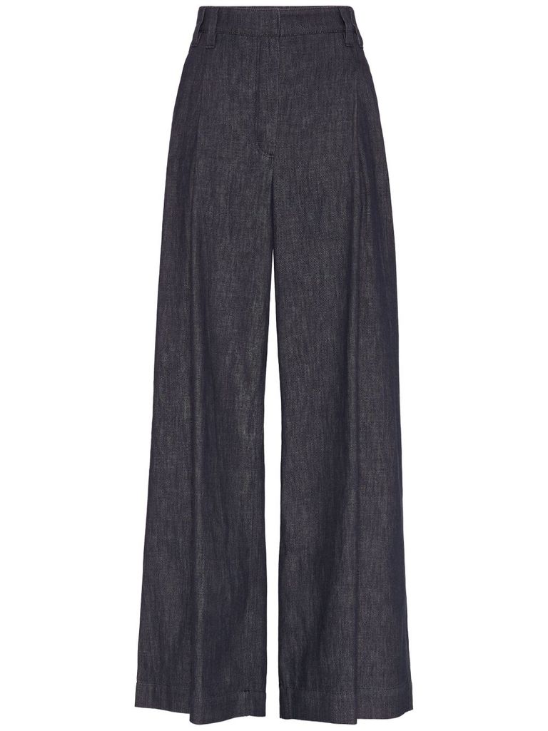 BRUNELLO CUCINELLI COTTON WIDE LEG DENIM EFFECT PANTS IN BLUE