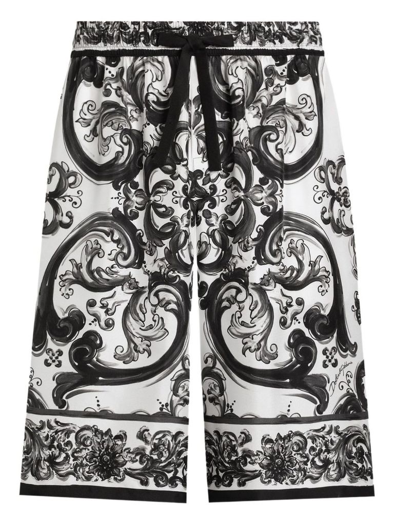 Dolce & Gabbana Maiolica Black And White Shorts With Elastic Drawstring Closure And All-over Print In Silk Man