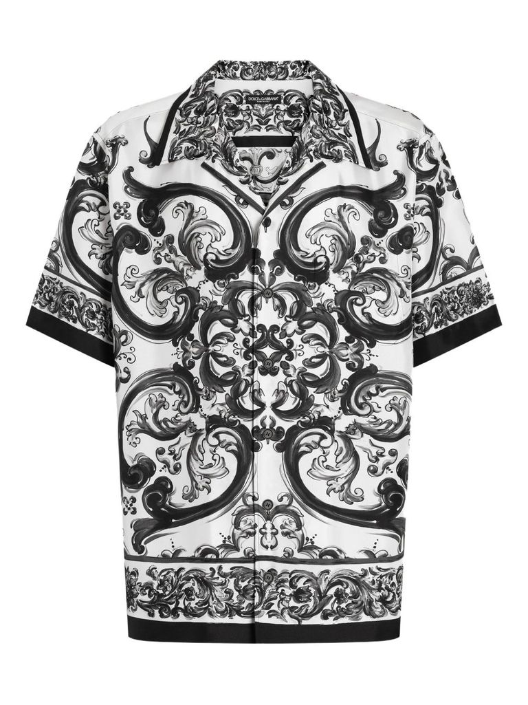 Dolce & Gabbana Maiolica Black And White Bowling Shirt With Cuban Collar And All-over Print In Silk Man In Black