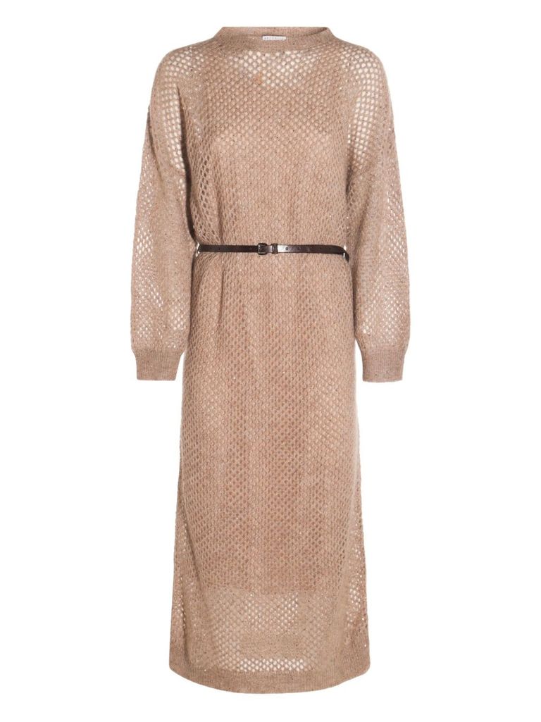 Brunello Cucinelli Hazelnut Color Midi Dress With Waist Belt