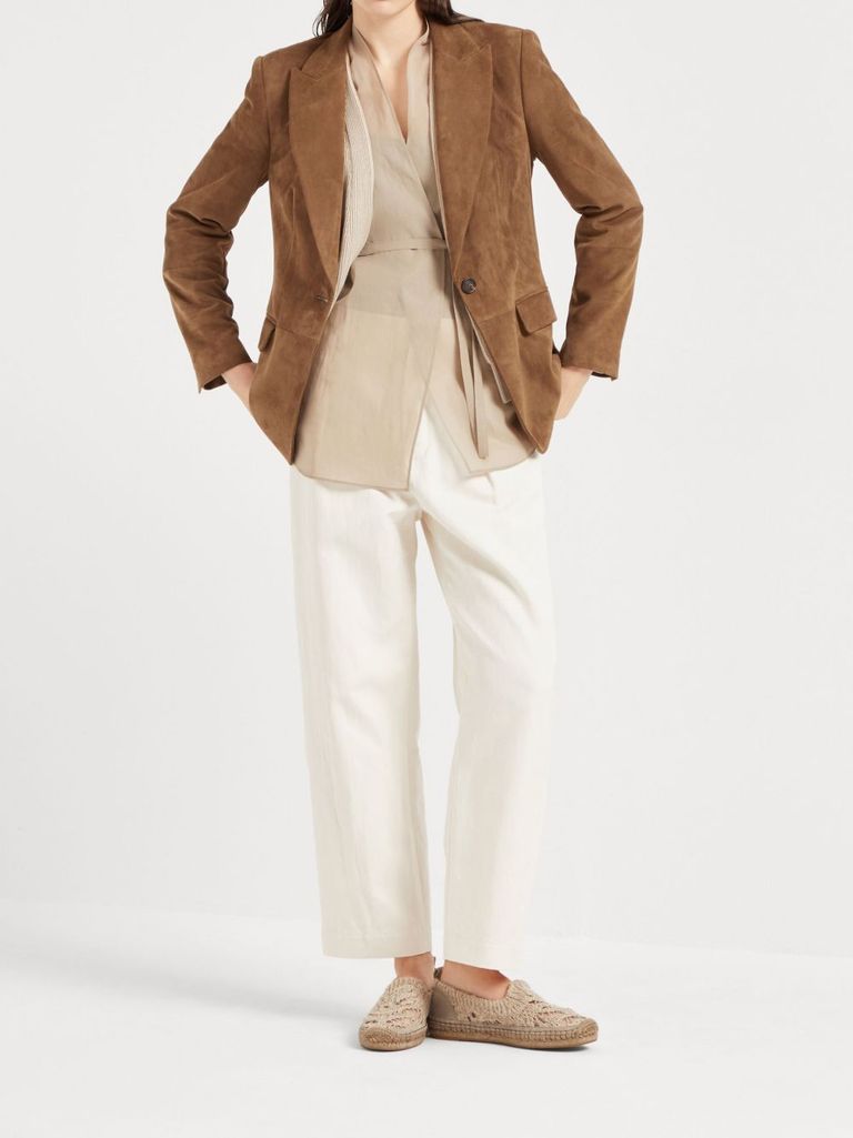 Brunello Cucinelli Pantaloni A Vita Alta Bianchi In Cotone Misto Lino