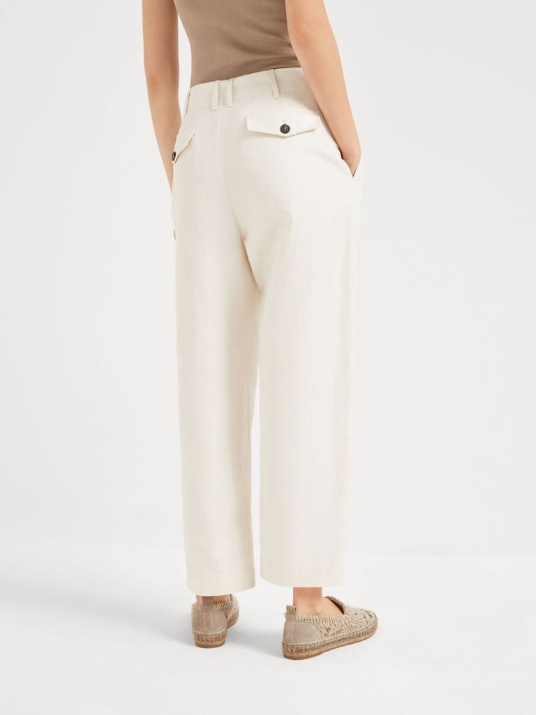 Brunello Cucinelli Pantaloni A Vita Alta Bianchi In Cotone Misto Lino
