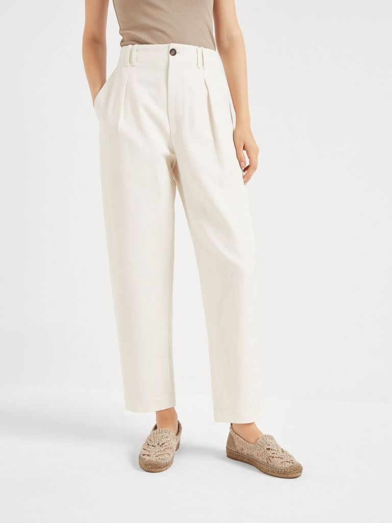 Brunello Cucinelli Pantaloni A Vita Alta Bianchi In Cotone Misto Lino