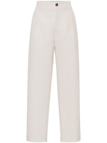 BRUNELLO CUCINELLI - Pantaloni a vita alta bianchi in cotone misto lino