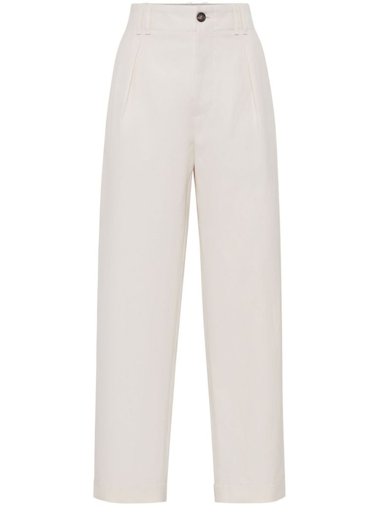 Brunello Cucinelli Pantaloni A Vita Alta Bianchi In Cotone Misto Lino