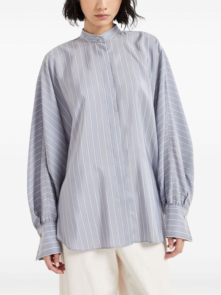 Brunello Cucinelli Camicia A Righe In Seta Azzurra