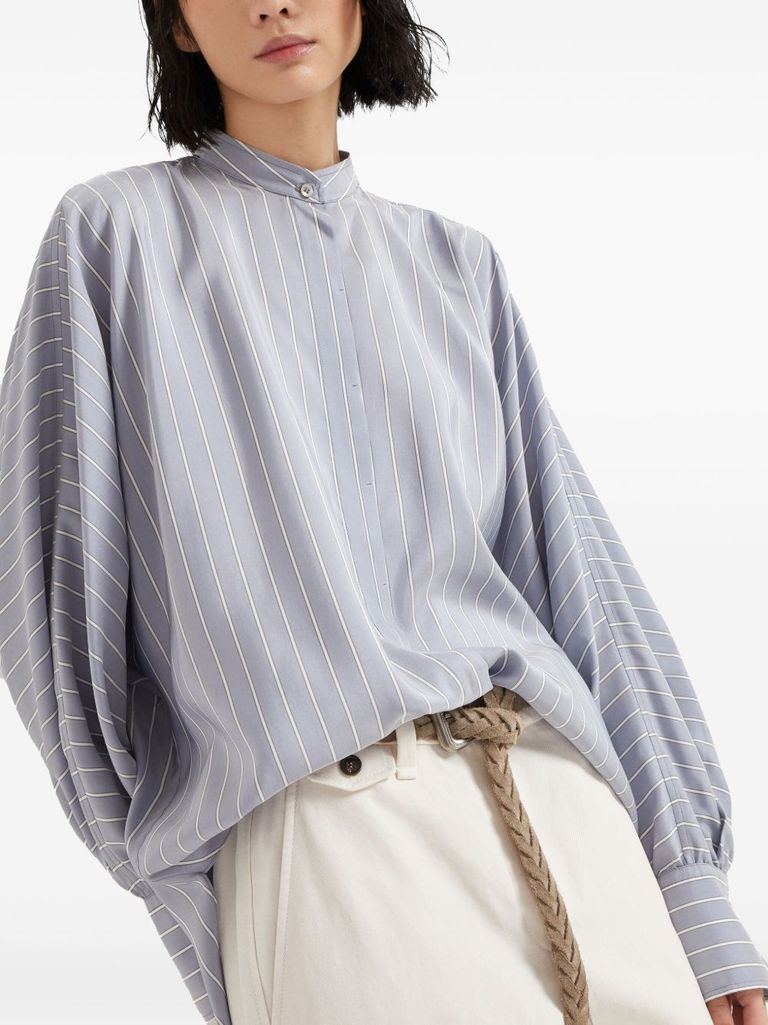 Brunello Cucinelli Camicia A Righe In Seta Azzurra