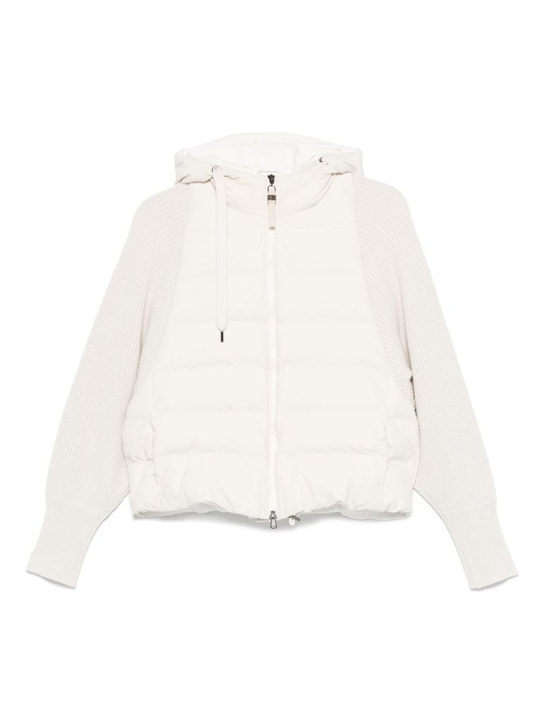 Brunello Cucinelli Cream-colored Short Down Jacket With Knitted Sleeves
