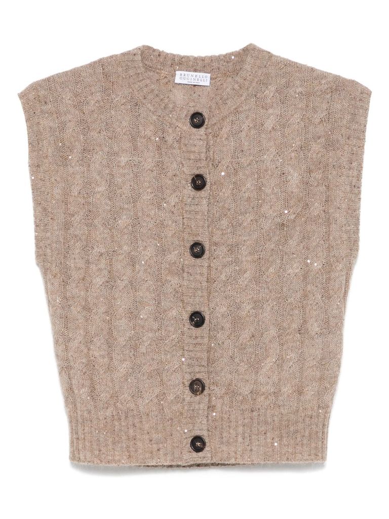 Brunello Cucinelli Beige Crew Neck Knit Gilet