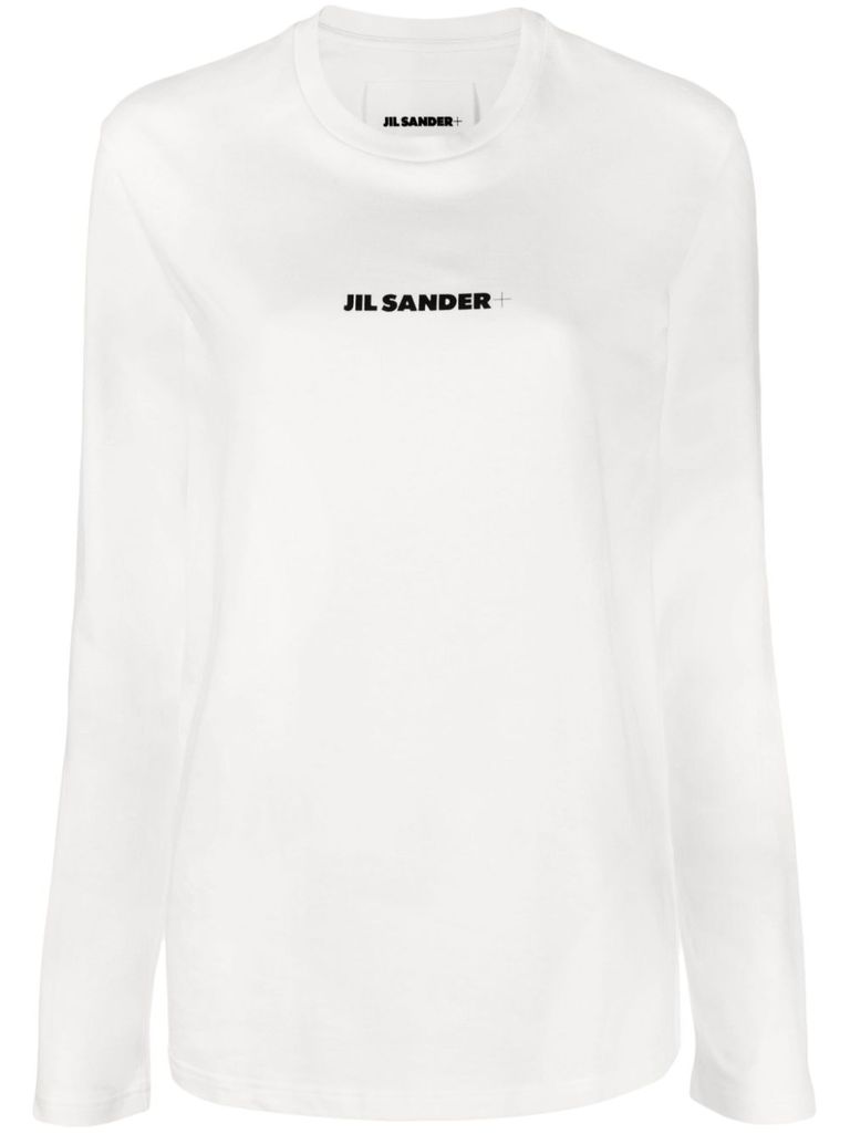 Shop Jil Sander White Cotton T-shirt With Black Logo And Long Sleeves