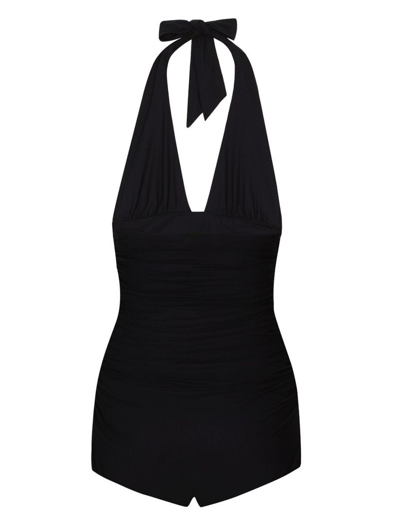 Dolce & Gabbana Black Gathered One-piece Swimsuit With Logo Patch In Stretch Polyamide Woman