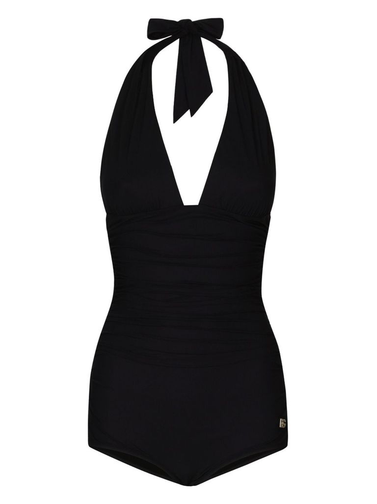 Dolce & Gabbana Black Gathered One-piece Swimsuit With Logo Patch In Stretch Polyamide Woman