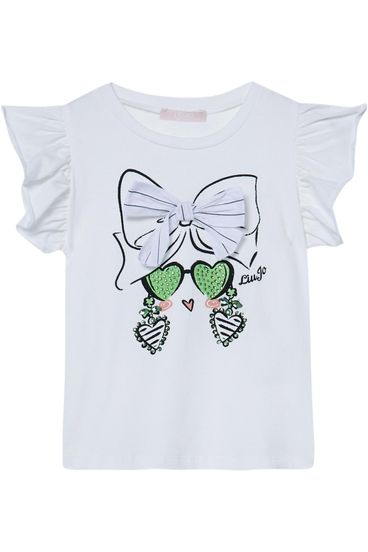 LIU JO - T-shirt bianca con maniche a sbuffo e stampa