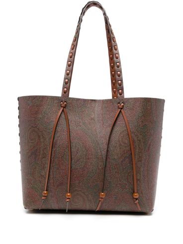 ETRO - Borsa shopping in pelle di vitello marrone con stampa paisley