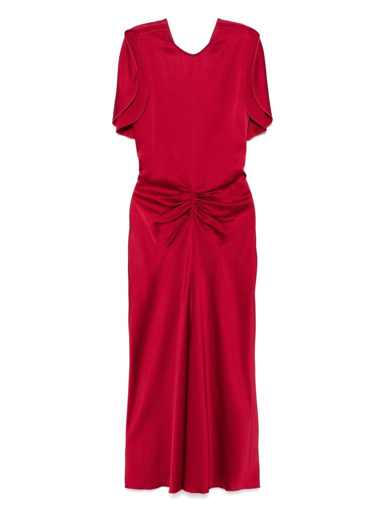 Victoria Beckham Red Crewneck Midi Dress With Gathered Waist And Rear Zip Closure
